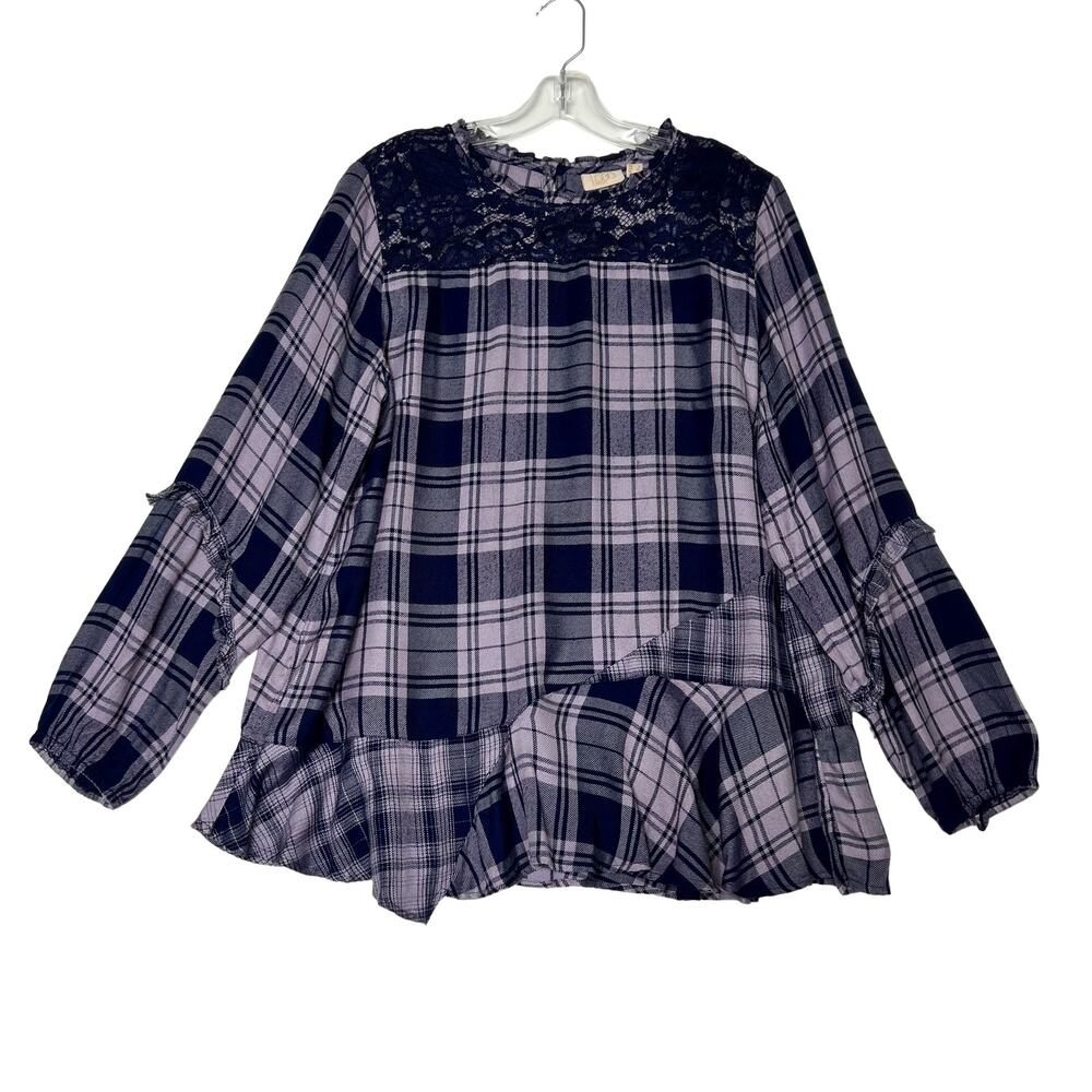 LOGO Lavish x Lori Goldstein Woven Plaid Blouse Lace Detail Purple Womens Large